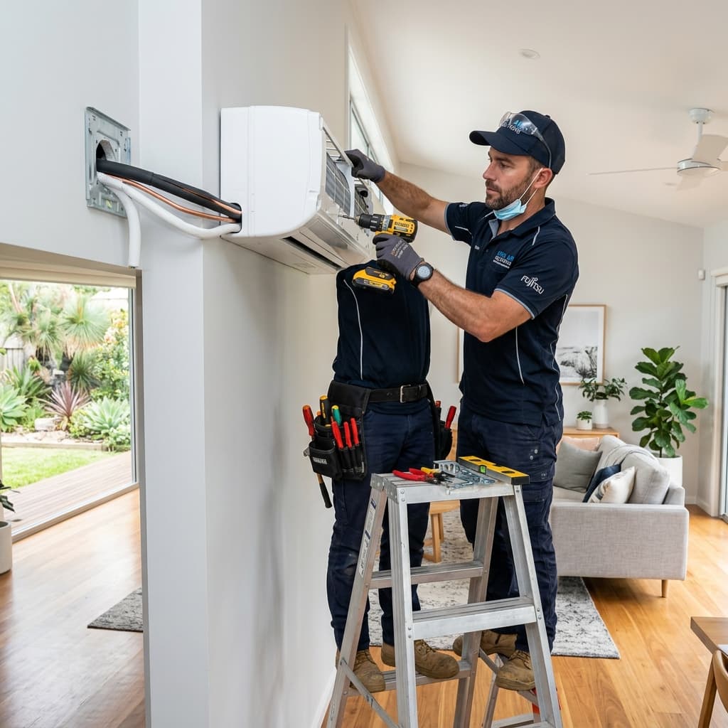 Technician installing an air conditioning unit