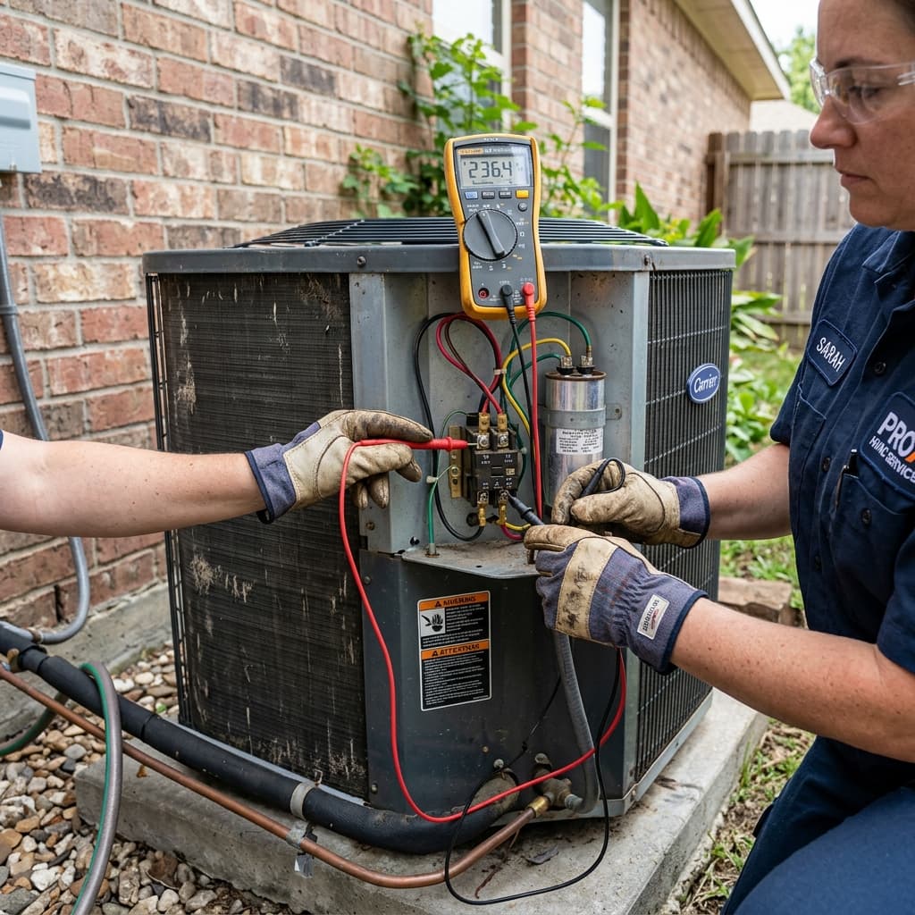 Technician testing electrical components on an outdoor AC compressor
