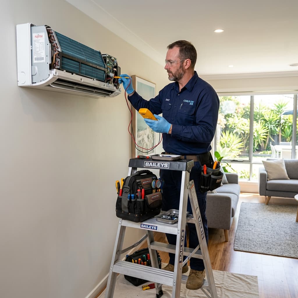 Technician repairing an indoor split system air conditioning unit