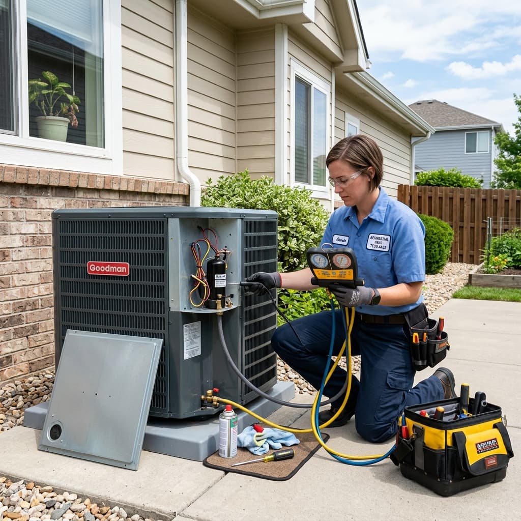 Technician performing routine maintenance on an outdoor AC unit
