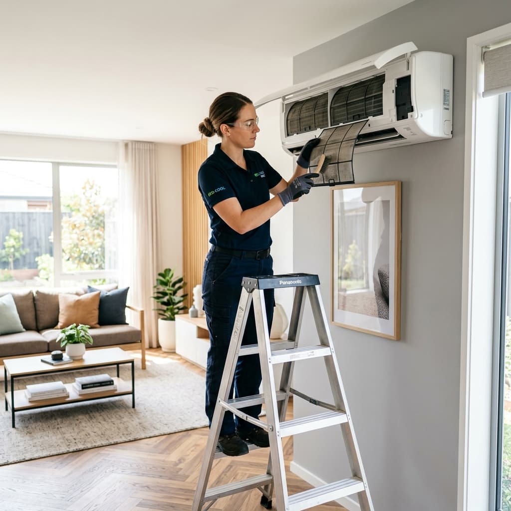 Technician cleaning air filters of an indoor split system air conditioner