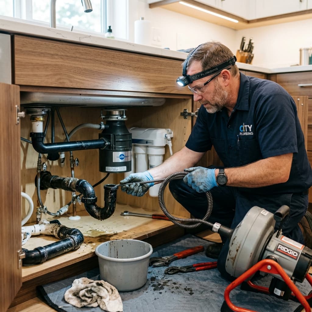 Plumber using a mechanical drain snake under a kitchen sink