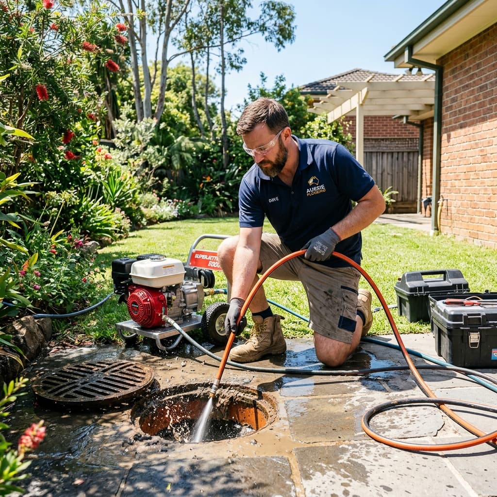 Professional plumber using a high-pressure water jetter on an outdoor drain