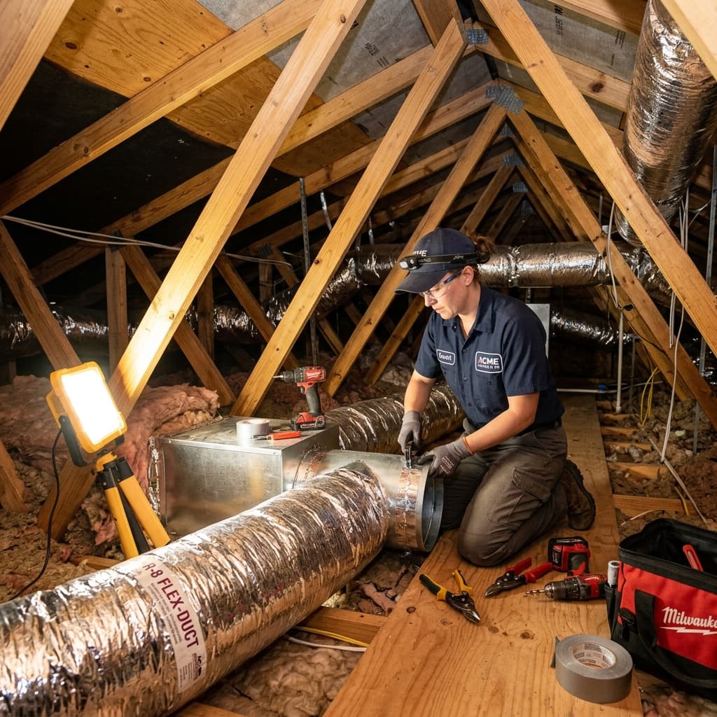 HVAC technician installing insulated ductwork in a residential roof space