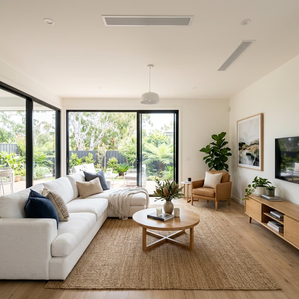 Modern living room with a discreet ducted air conditioning vent in the ceiling