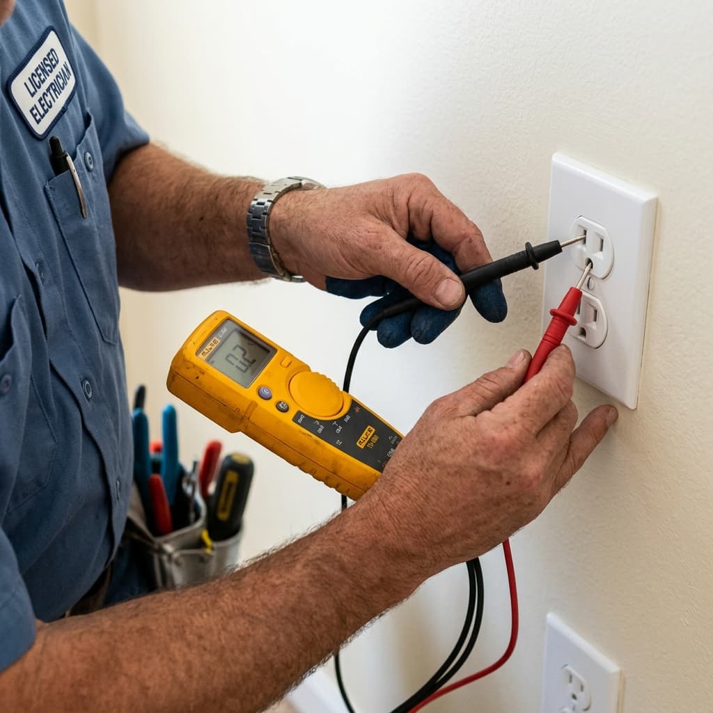 Licensed electrician using a multimeter to test a faulty wall outlet