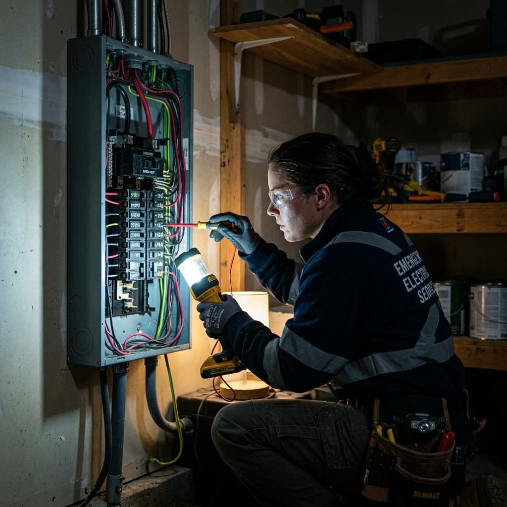 Emergency electrician inspecting a residential switchboard with a flashlight at night