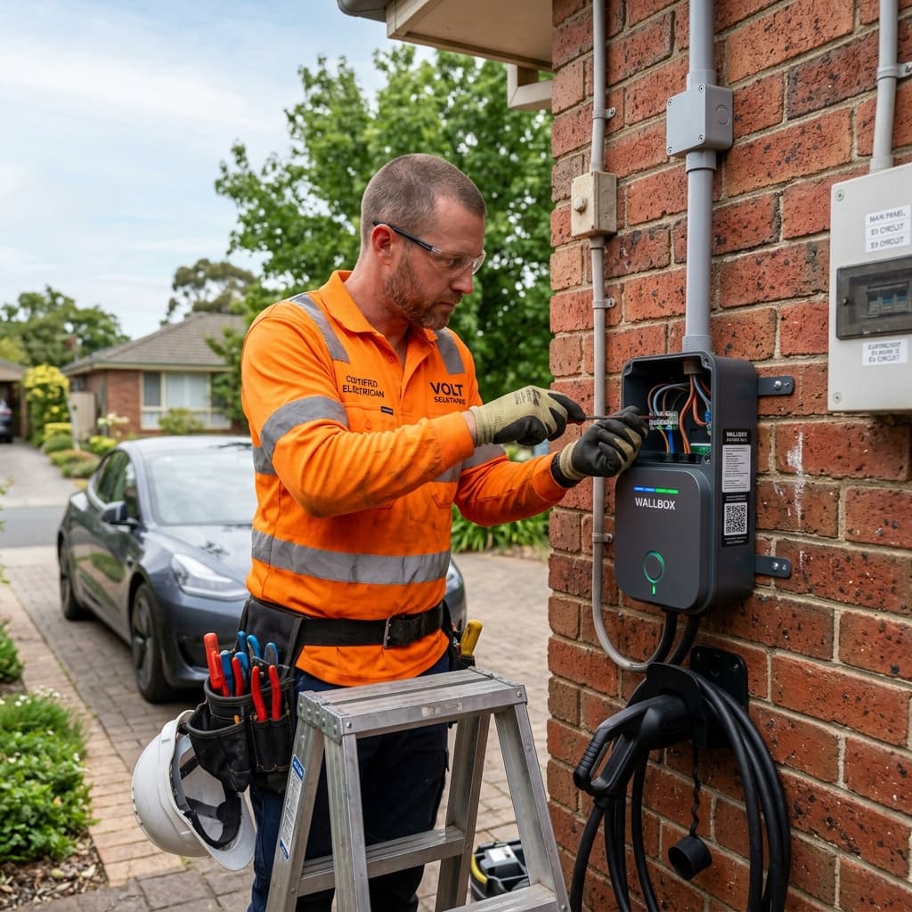 Electrician installing a smart EV charging station on a brick wall