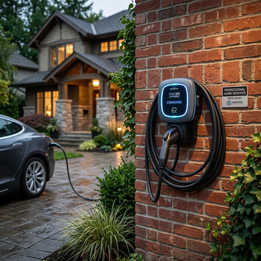Modern EV charger installed on a wall in a residential garage