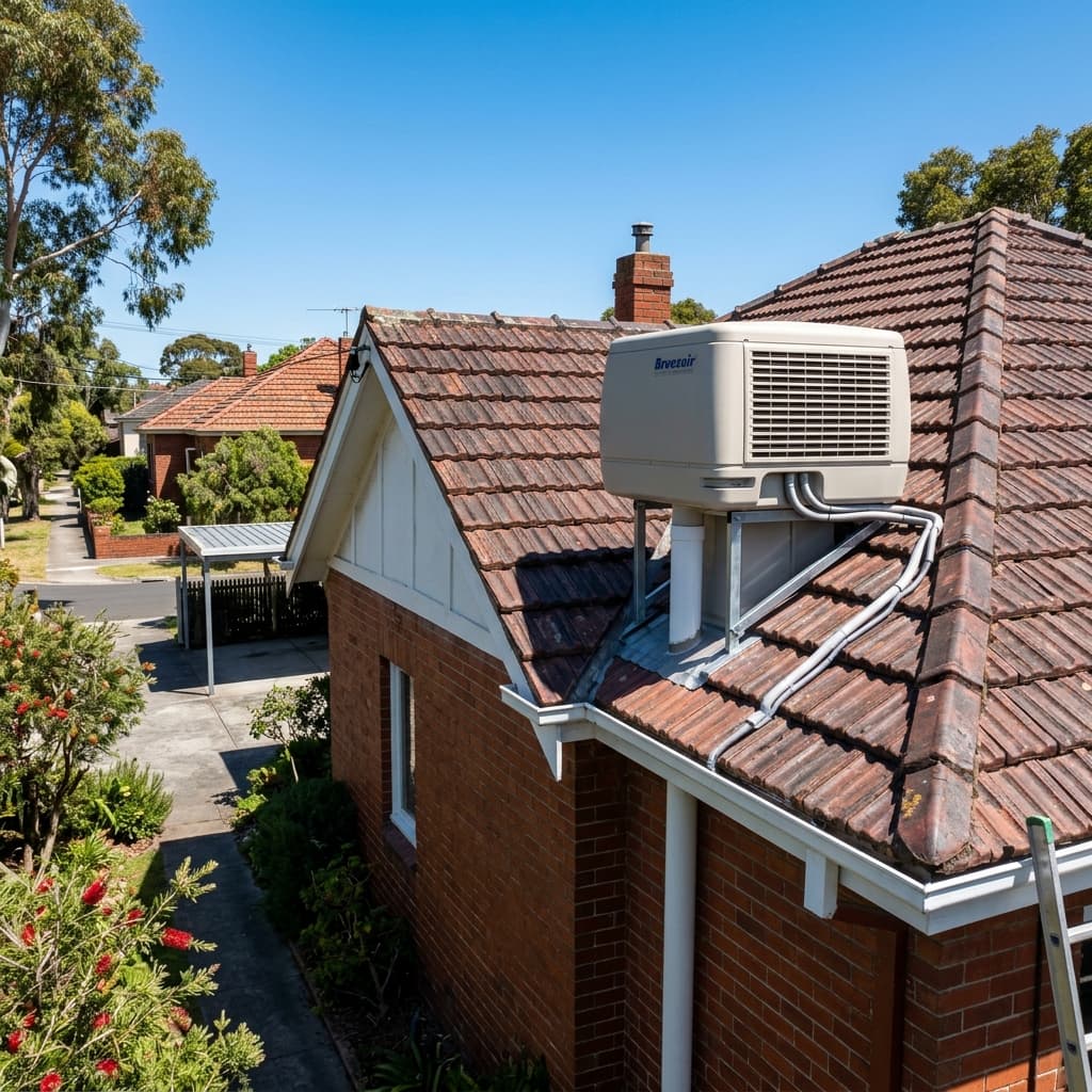 Modern evaporative cooling unit installed on a tiled roof