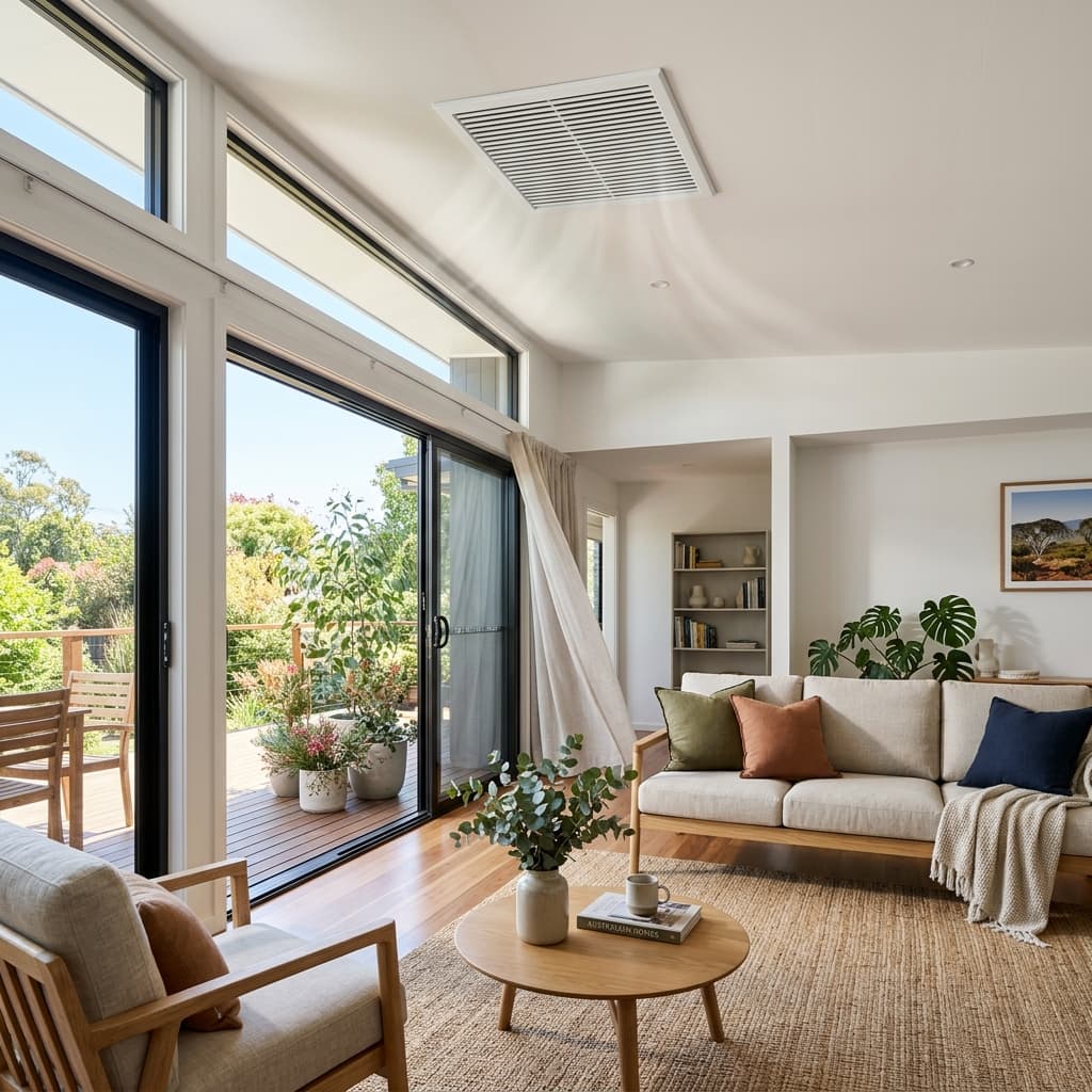 Bright living room with an evaporative cooling ceiling vent and open windows
