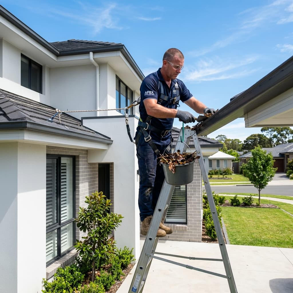 A professional using a gutter vacuum to clear leaves from a residential roof