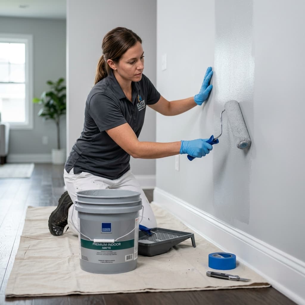 Painter preparing and sanding a surface before applying undercoat