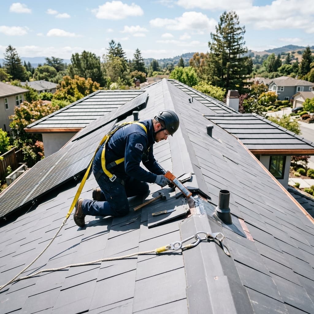 A roofer inspecting a wet tiled roof for the source of a leak