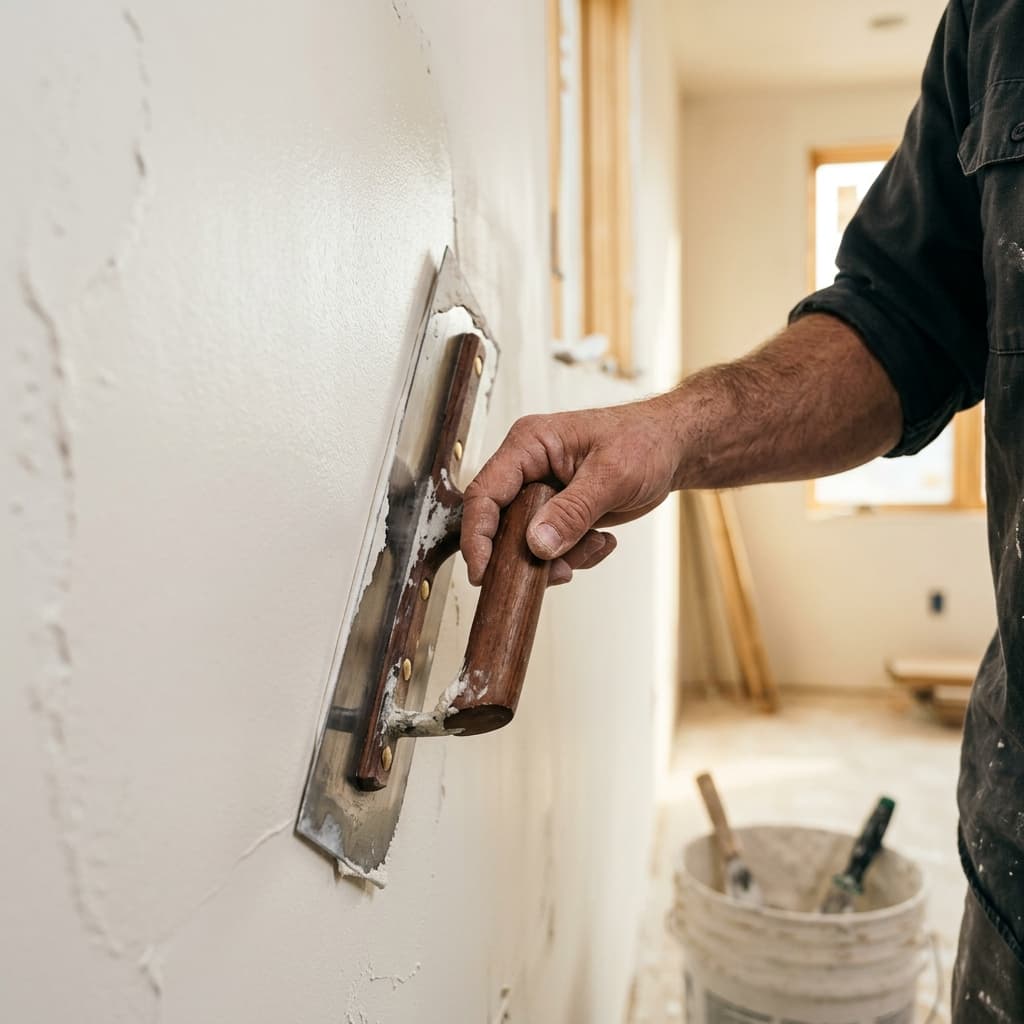 Close up of a plasterer using a trowel to patch a cracked wall
