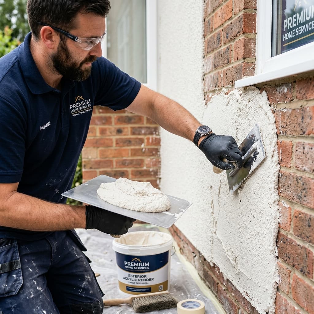 Close up of a freshly rendered house exterior with a modern finish