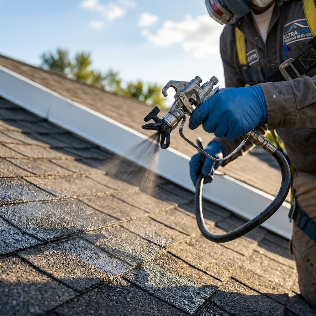 Close up of a freshly painted and restored concrete tile roof