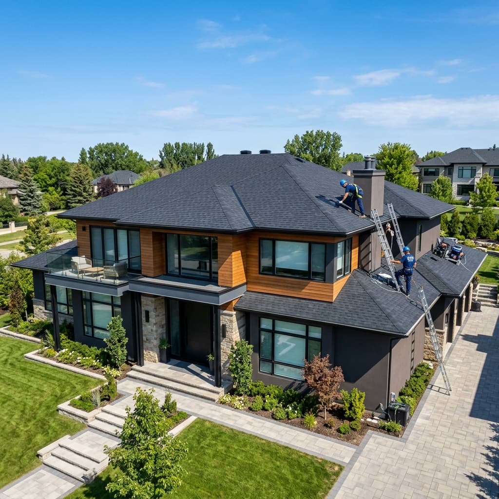 A professional painting a residential roof using an airless sprayer