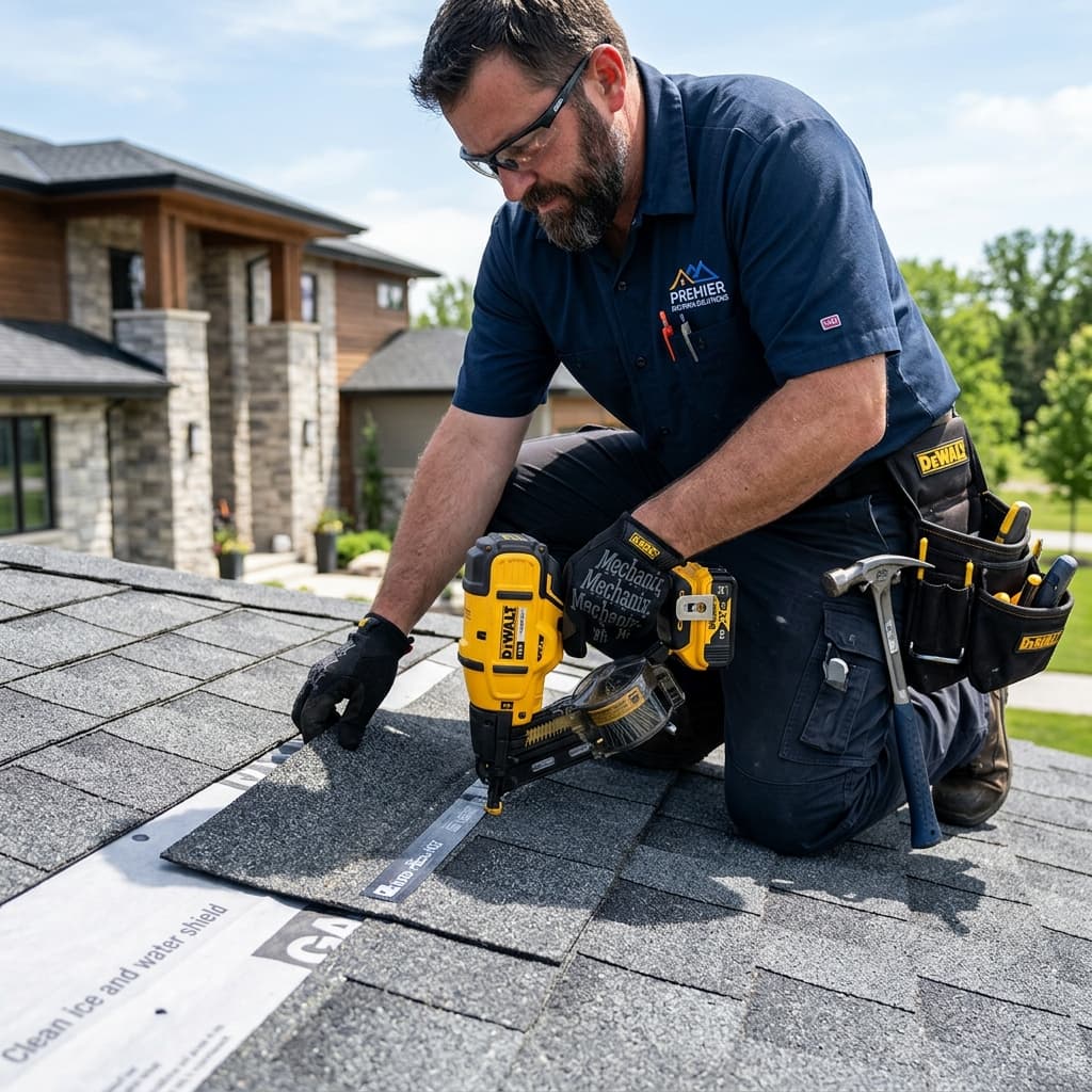 Roofer's hands replacing a broken roof tile