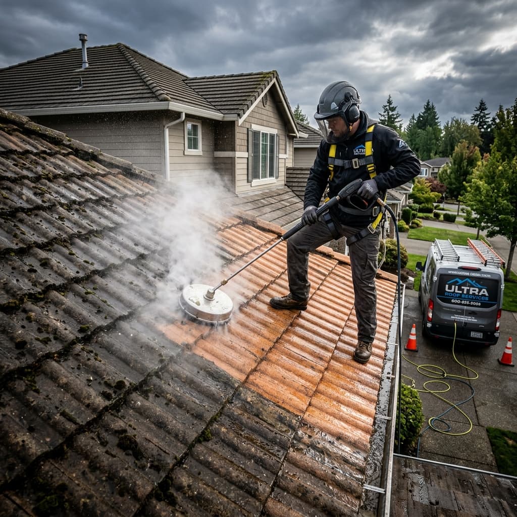 Professional applying a protective coating to a restored roof