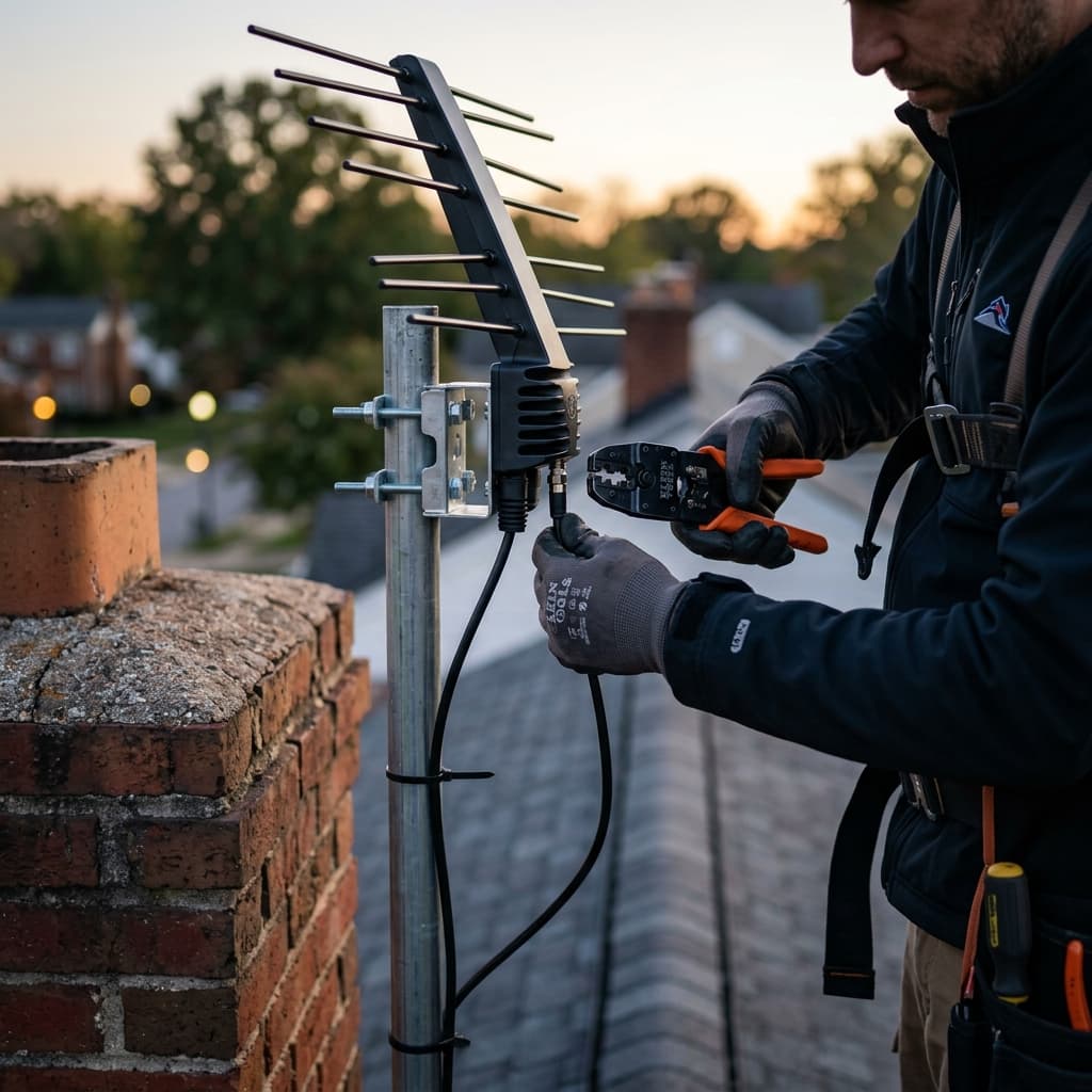 Technician testing antenna signal strength