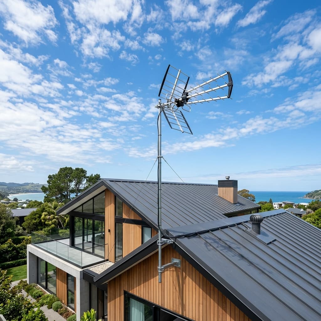 Professional installer securing a modern digital TV antenna on a roof